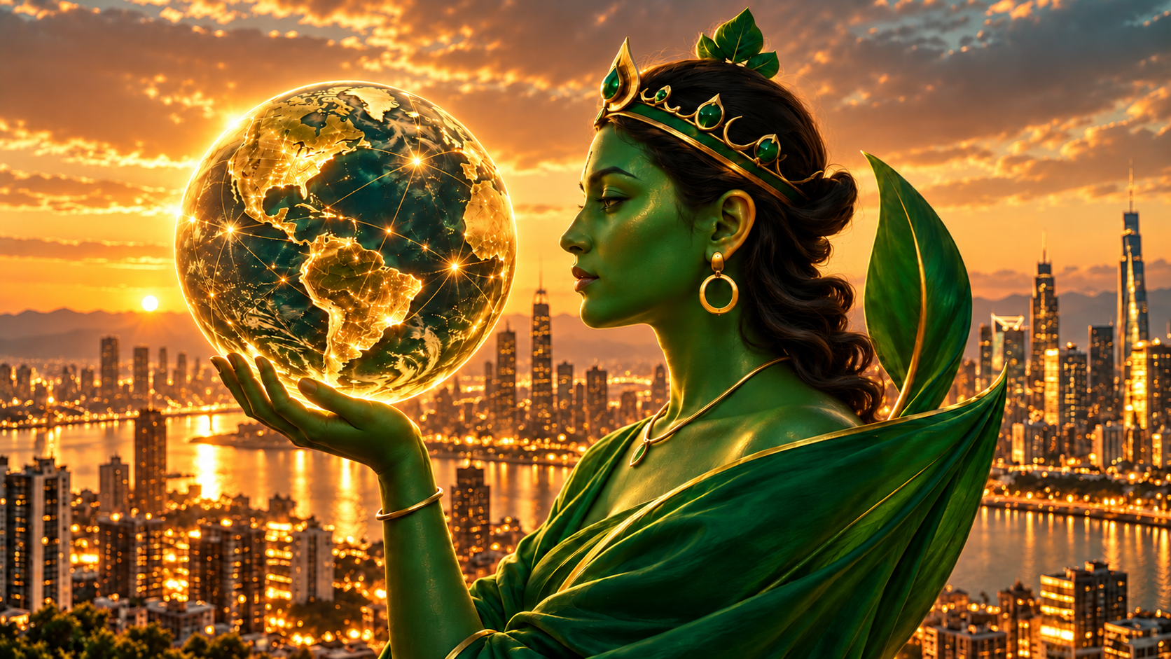 Green Tara holding a globe over a city skyline at dusk